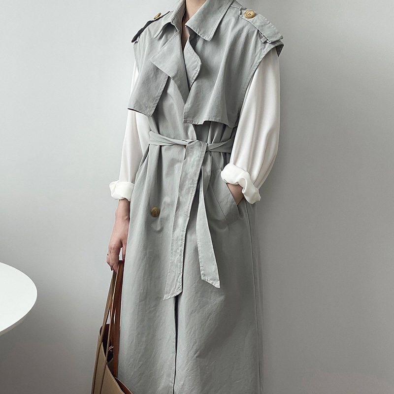 Women Solid Long Trench With Belt Sleeveless Double Breasted Chic Coat Female Turn Down Collar Office Wear Windbreaker 210414