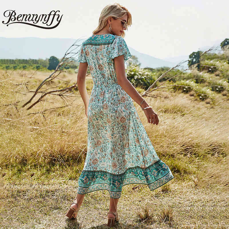 V-neck Button Front Drawstring Waist Floral Print Dresses Women Summer Vacation Boho Casual Swing Long Dress 210510