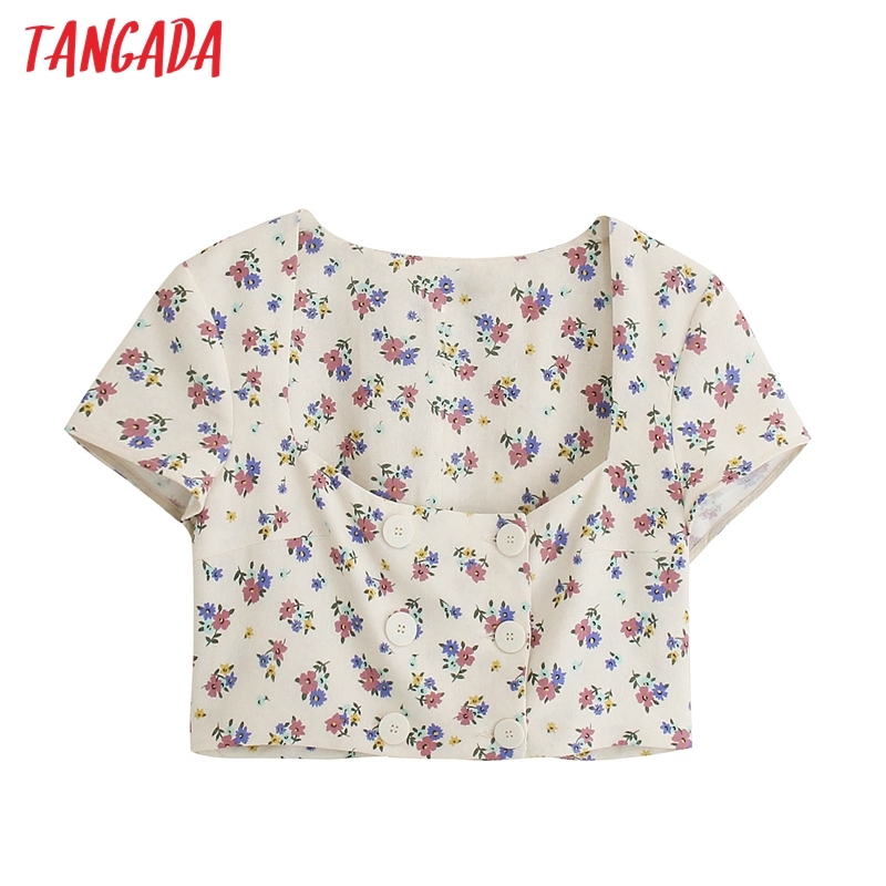 Women Retro Print Crop Short Sleeve Summer Chic Female Sexy Slim Shirt Tops 5Z98 210416