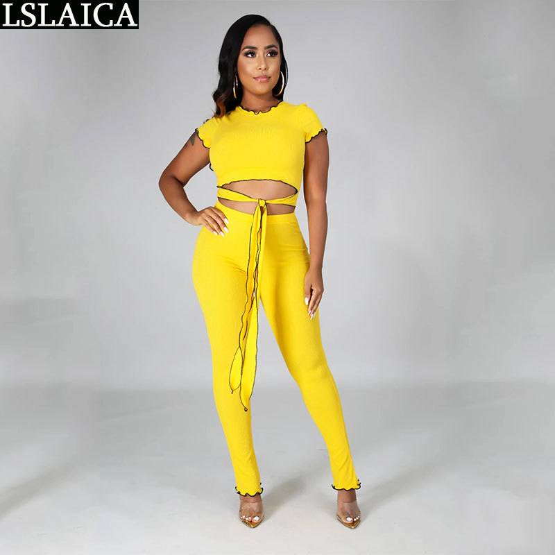 Summer Outfits For Women High Stretch Fabric Criss-Cross Top Long Pant Two Peice Set Solid Color OL 210520