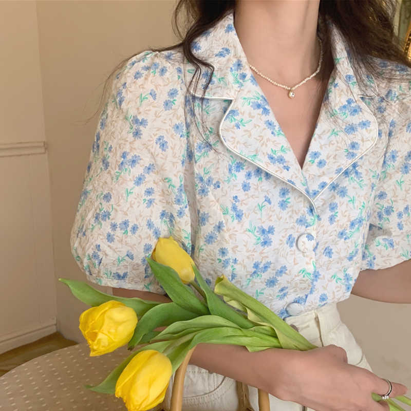 LY VAREY LIN Summer Women Casual Turn-down Collar Floral Short Shirts Tops Sweet Single Breasted Puff Sleeve Loose 210526