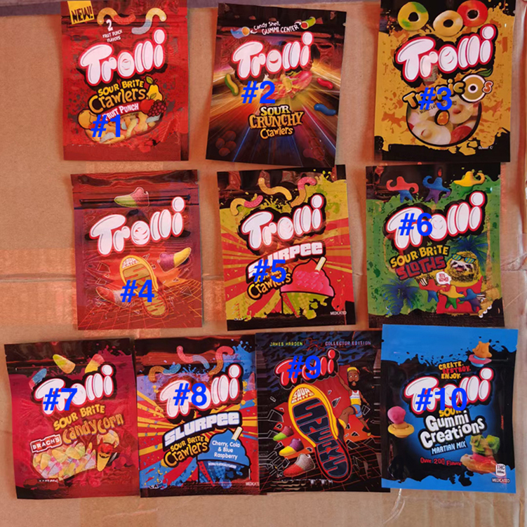 

In Stock 32 Types sour candy gummy medicated mylar bag trolli trrlli Errlli edibles Gummies packaging bags smell proof resealable zipper pouch 600mg