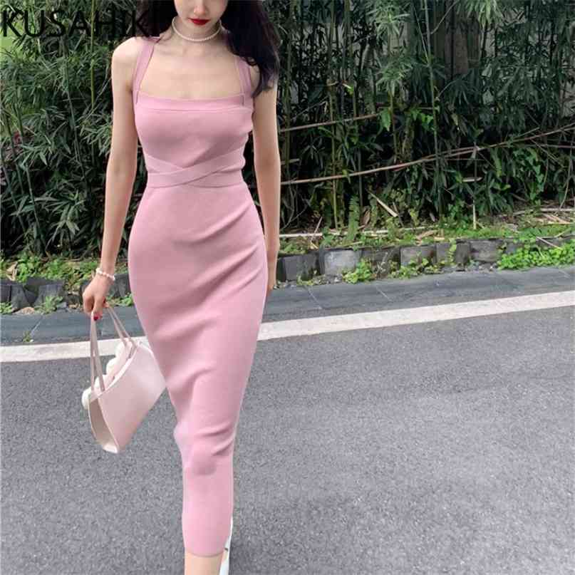 Elegant Bandage Backless Knitted Dresses Korean Square Collar Strapless Bodycorn Dress Summer Sweater Vestido 6H670 210603