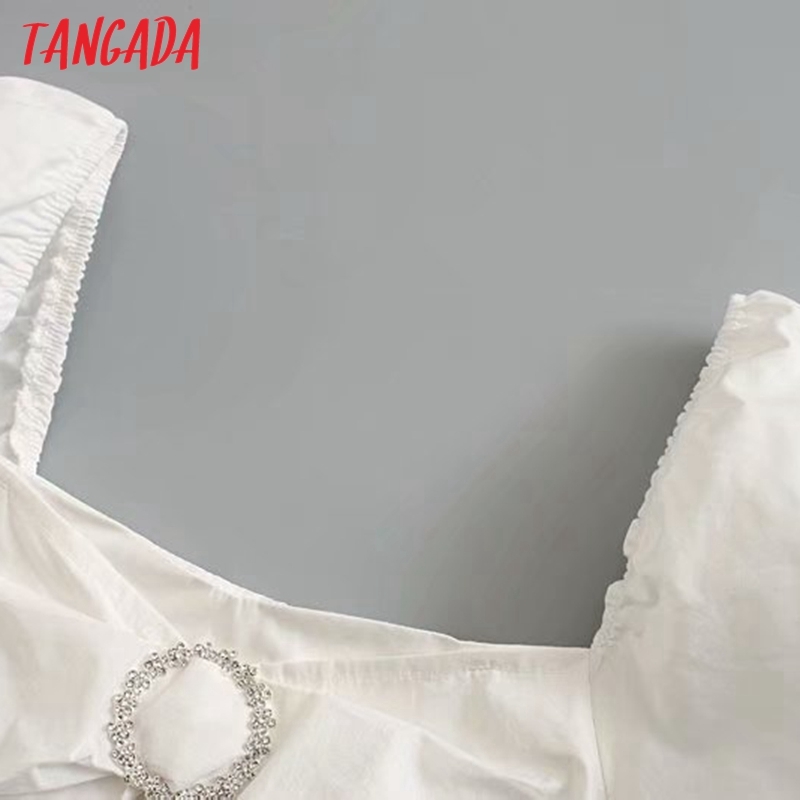 Summer Women Beading Bow White Square Neck Short Sleeve Ladies Mini Dress Vestidos 3D38 210416