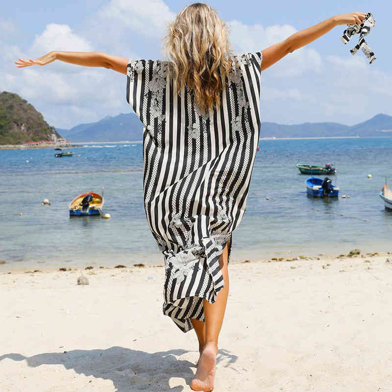 Sexy Bikini Cover-ups Cotton Tunic Casual Striped Summer Beach Dress Elegant Women Plus Size Wear Swim Suit Cover Up Q1117 210420