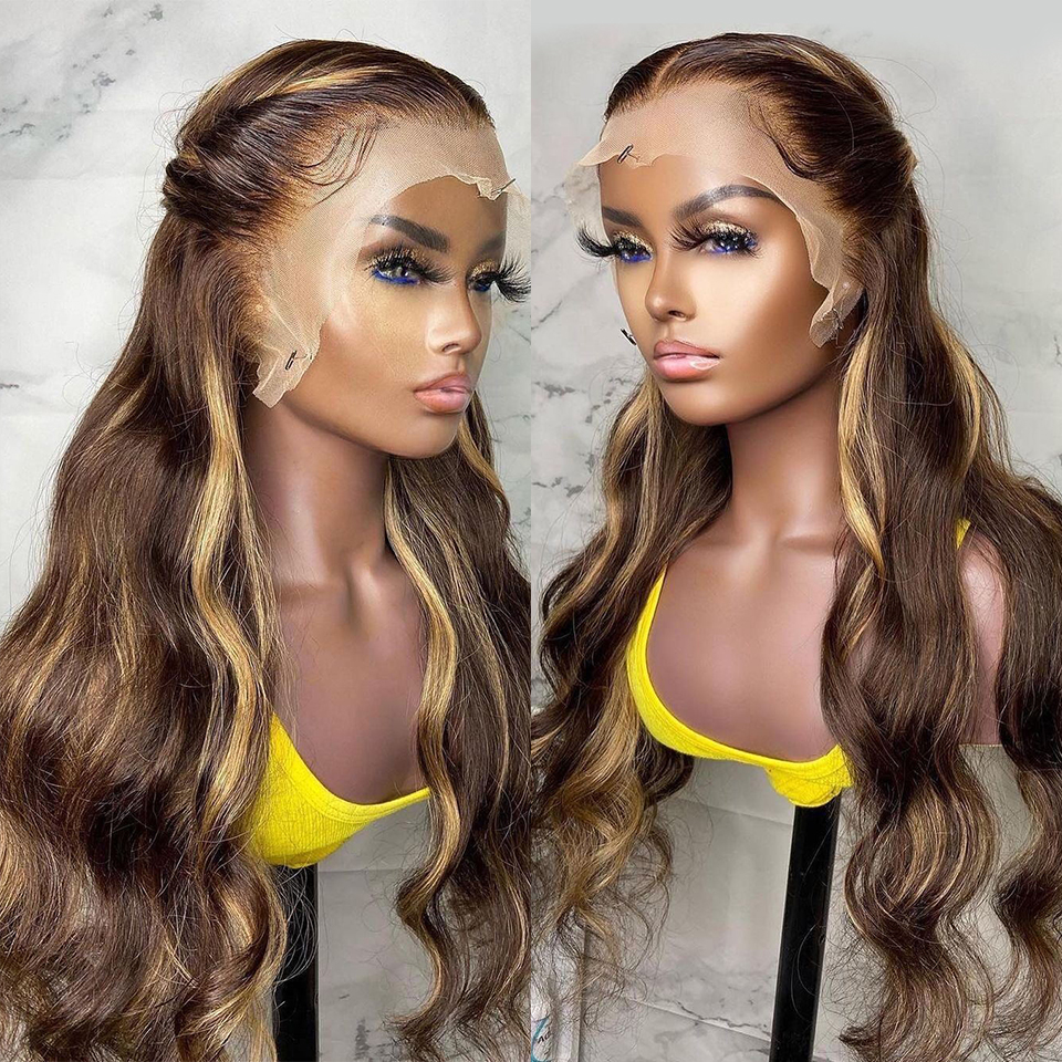 Body Wave Lace Front Wig Hd Frontal 30 Inch 150% Transparent Highlight piano color brown blonde Human Hair wigs 13x4 fulll swiss pre plucked