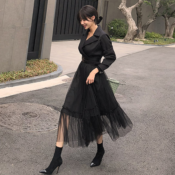 Elegant Blazer Dresses Spring Casual Mesh Patchwork Notched Collar Long Sleeve With Belt Midi Big Swing Vestidos 210519