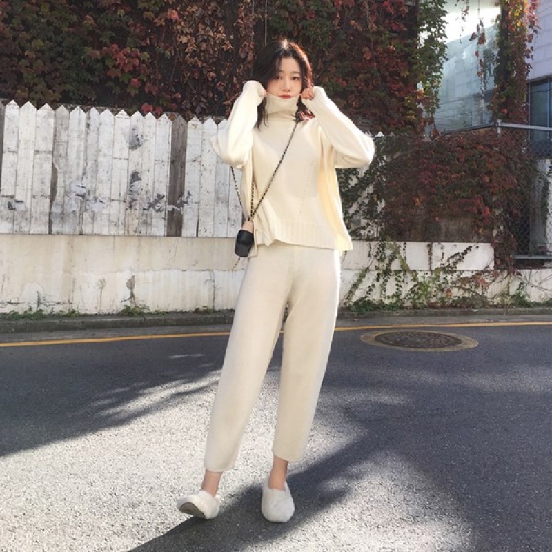 Autumn Winter Knitted Tracksuit Turtleneck Sweatshirts Fashion Women Suit clothing 2 Piece set Knit pant Female Pants suit 210506