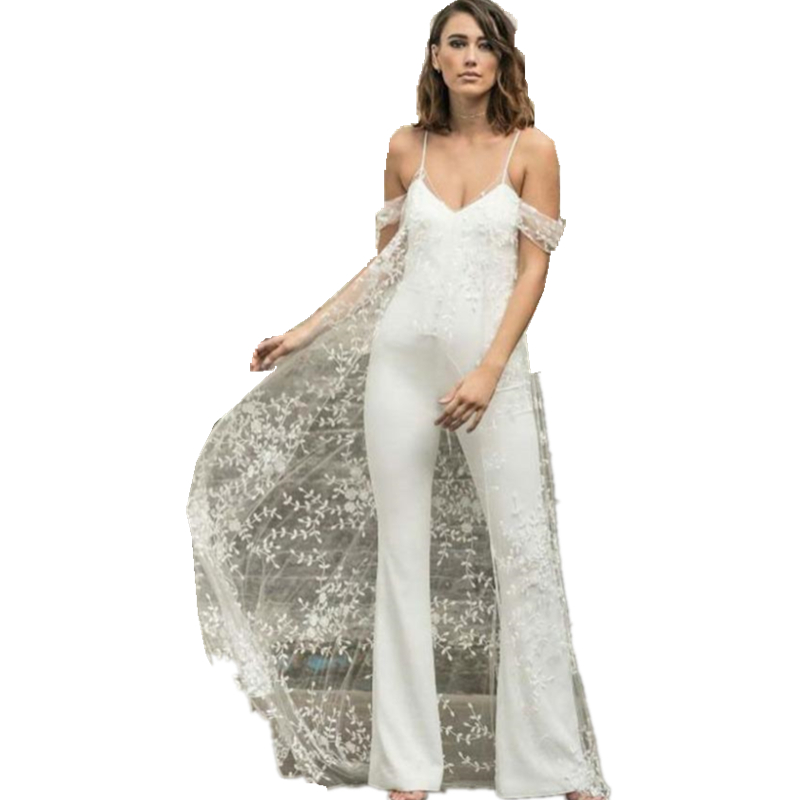 Summer Boho Jumpsuits Wedding Dress Bridal Gowns Spaghetti Straps Long Bride Dresses Drop Sleeve Sexy Backless Beach Lace Satin Vestidos