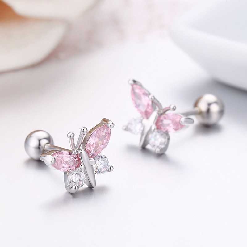 Sterg Sier Butterfly Pink CZ Screw Back Earrings for Kids, Women 4