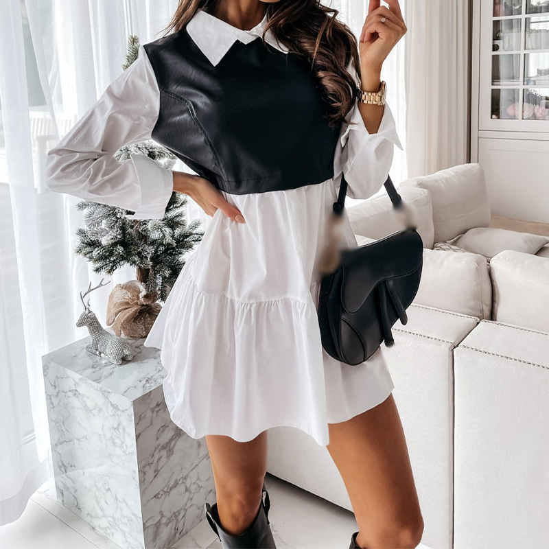 Faux Leather Patchwork Women White Shirt Dress Plaid Pleated Long Sleeve Casual Vintage Dresses summer A-lined Chic Vestidos 210518
Faux Leather Patchwork Women White Shirt Dress Plaid Pleated Long Sleeve Casual Vintage Dresses summer A-lined Chic Vestidos 210518