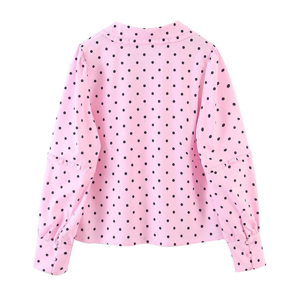Spring Wood ear Lapel Collar Polka Dot Print Pink Long Sleeve Shirt Sweet Women Center Buttons Blouse Loose Tops 210429