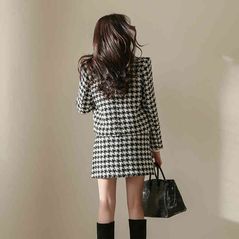 Autumn Winter Women Houndstooth Two Piece Set Ladies Long Sleeve Woolen Tweed Jacket Coat+ Short Pencil Office Skirt Suits 210520