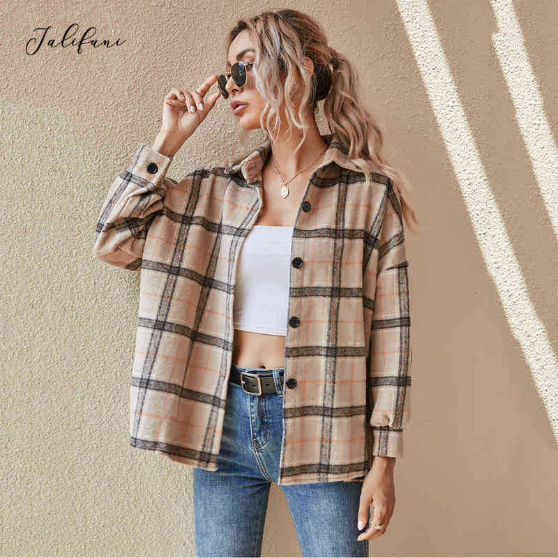 Coats And Jackets Women Loose Warm Casual Plaid Button Up Collar Shirt Outerwear Clothes Korean Fashionable Autumn Winter 210415