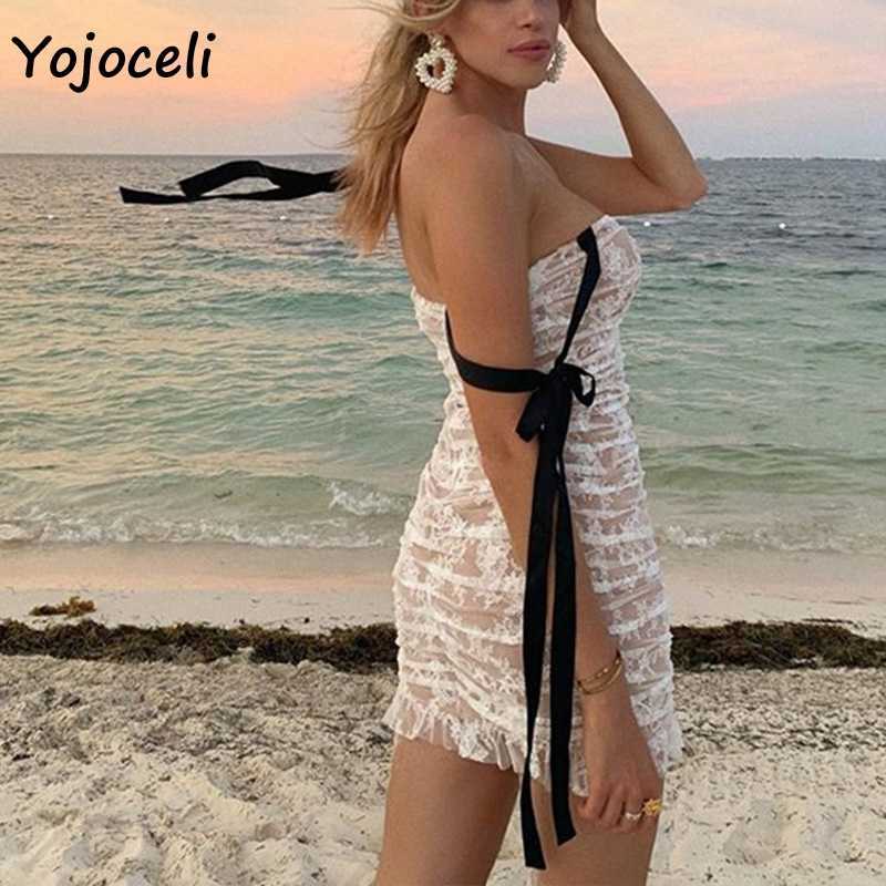 Yojoceli autumn sexy lace dres strap bow ruffle crochet 210609