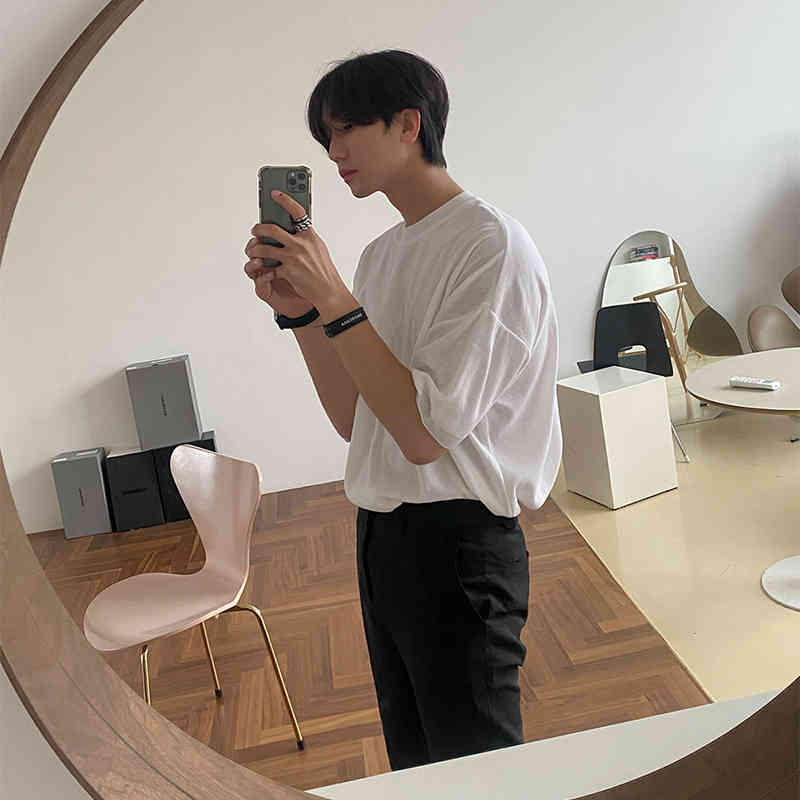 IEFB Summer Korean Loose Men's Round Neck Knitted Short Sleeve Off Shoulder Casual T-Shirt Vintage Green Tee Top 9Y7189 210524