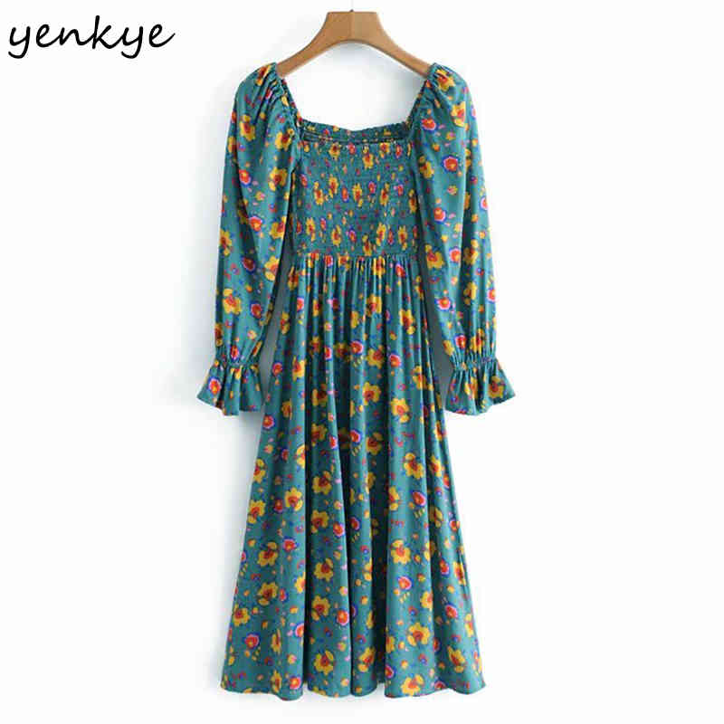 YENKYE Vintage Green Floral Print Dress Women Sexy Square Neck Long Sleeve A-line Midi Lady Dresses Holiday Summer Vestido 210515