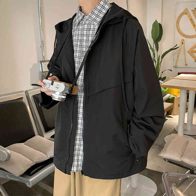Spring New Korean Fashion Jackets Men's Loose Windbreaker Hooded Zipper Jacket Coats Men's Casual Outwear Black Lake Green 210412