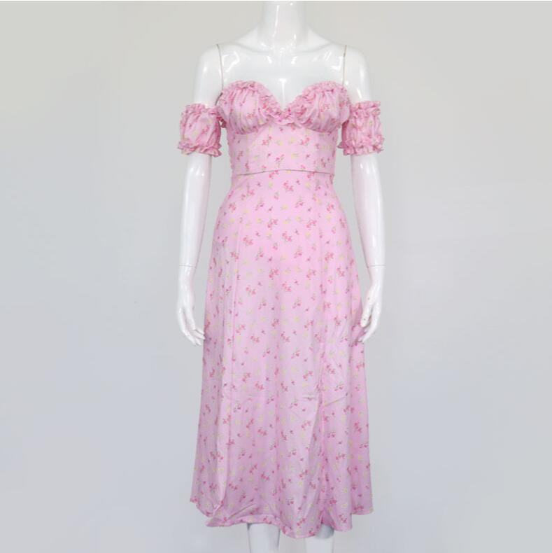 Sexy Split Floral Print Off Shoulder Dress Retro Women Wood ears Bra Collar Hem Slit Swing Long Dresses Holiday Vestidos 210429