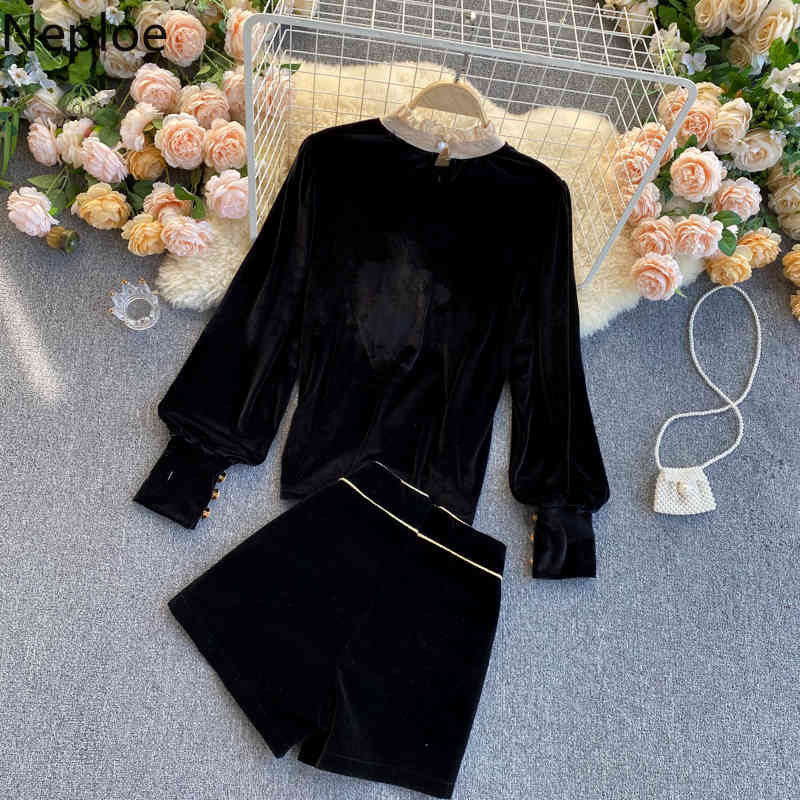 Neploe Two Piece Outfits for Women Temperament Korean Suit OL Vintage Tops Slim Short Pants Femme Roupas Chic 2 Piece Set 4H192 210422