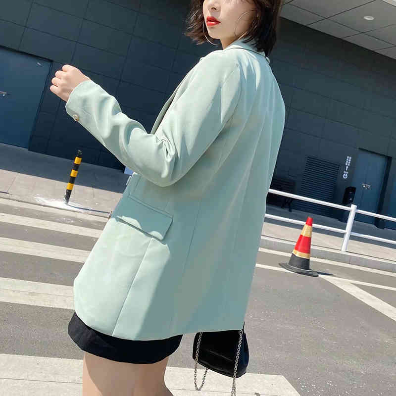 Casual Double Breasted Office Wear Blazer Women Notched Neck Long Sleeve Coat Outerwear Pockets Solid Jacket Lady 210414
