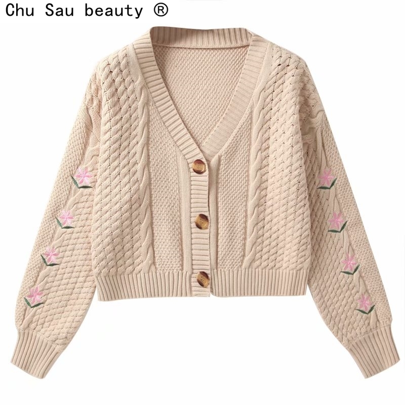 autumn French fashion loose short flower embroidered lantern sleeve knitted cardigans sweaters cropped tops for woman 210508