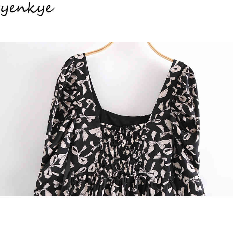 YENKYE Spring Women Bow Pattern Print Dress Elegant Lady Sexy Square Neck Puff Sleeve Pleated Mini Dress Robe Femme 210515