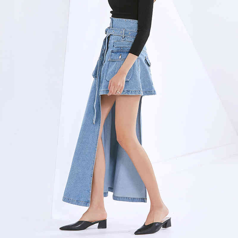 Denim Asymmetrical Skirt For Women High Waist With Sashes Irregular Hem Casual Skirts Female Fashion Clothing 210521