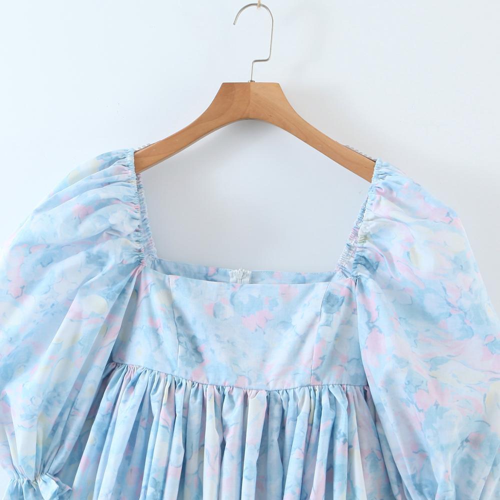 Bright Like Silk BLUE Floral Print Ball Gown Dress Puff Sleeve Retro Women Ruched Pleated Waist Mini Party Dresses Fairy 210429