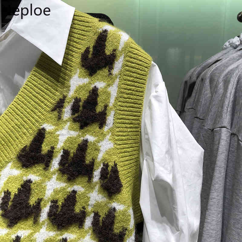 Neploe Preppy Style Knit Plaid Vest Spring Autumn Sleeveless Sweater Coat Tops Women Knitted Cropped Casual Waistcoat Outwear 210422
