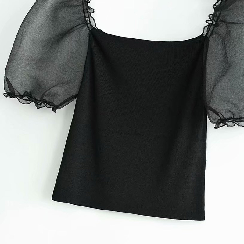 Chic Patchwork Stretchy Short Blouses Women Stylish Square Collar Mesh Puff Sleeve Ladies Shirts Casual Blusa Mujer 210520