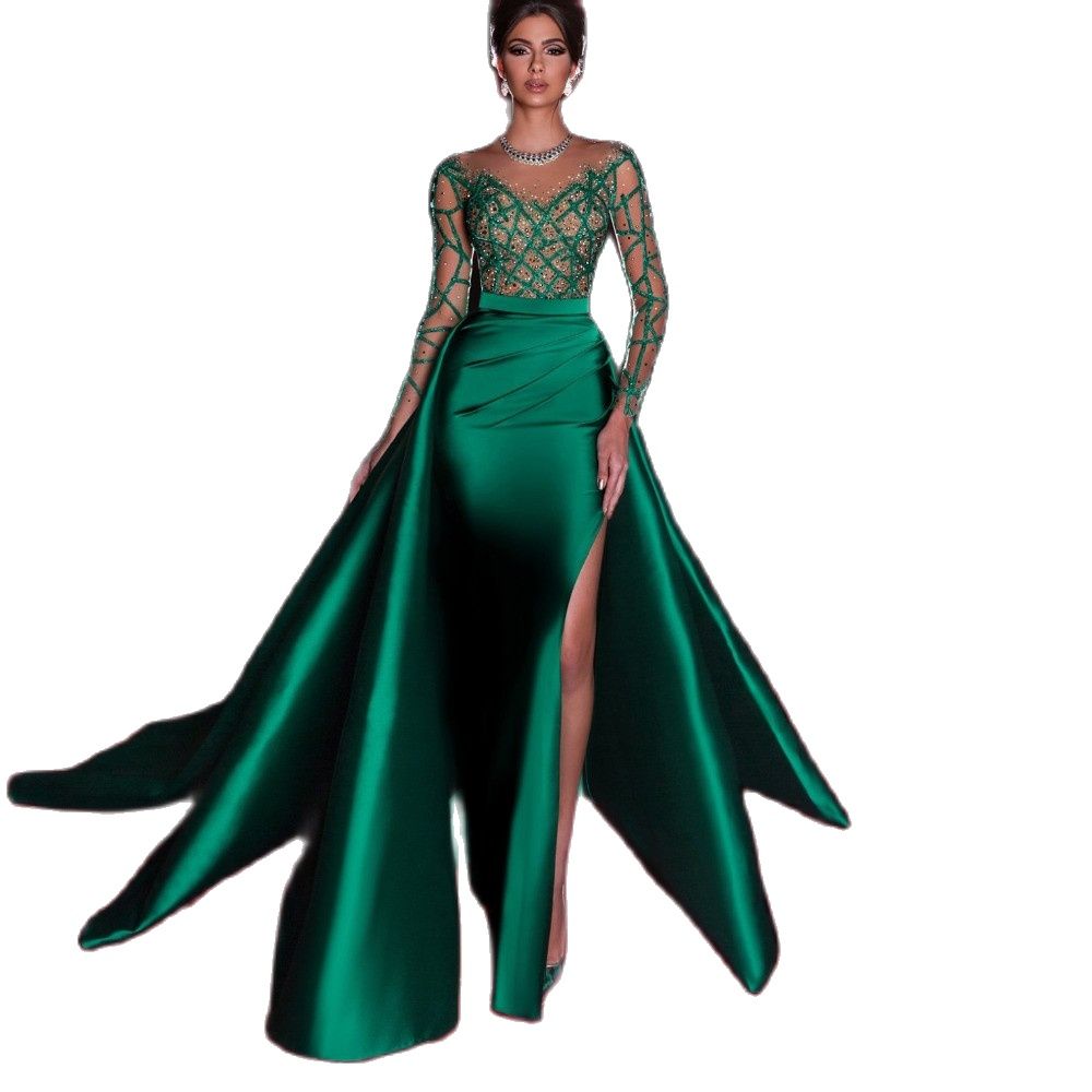 Emerald Green Mermaid Evening Dress With Detachable Train Elegant Satin High Split Full Sleeves Party Gowns