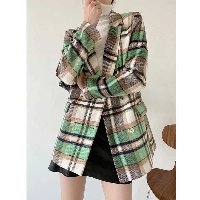 XITIMEAO Women Casual Blazer Jacket Office Lady Pockets Plaid Suit Coat Single Breasted Thickening Ladies Business Blazers 210602