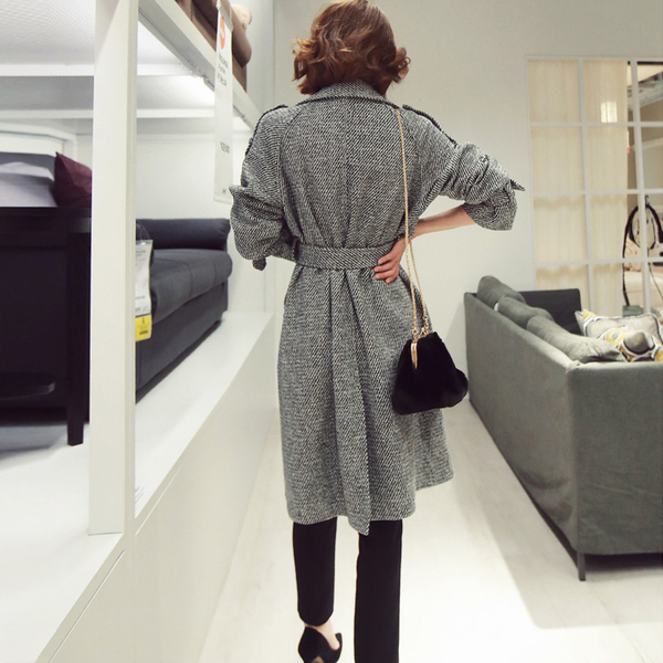 Korean Houndstooth Long Wool Coat Elegant Women Double-breasted Lapel Collar Sashes Pocket Plaid Loose Thick Woolen Outerwear 210518