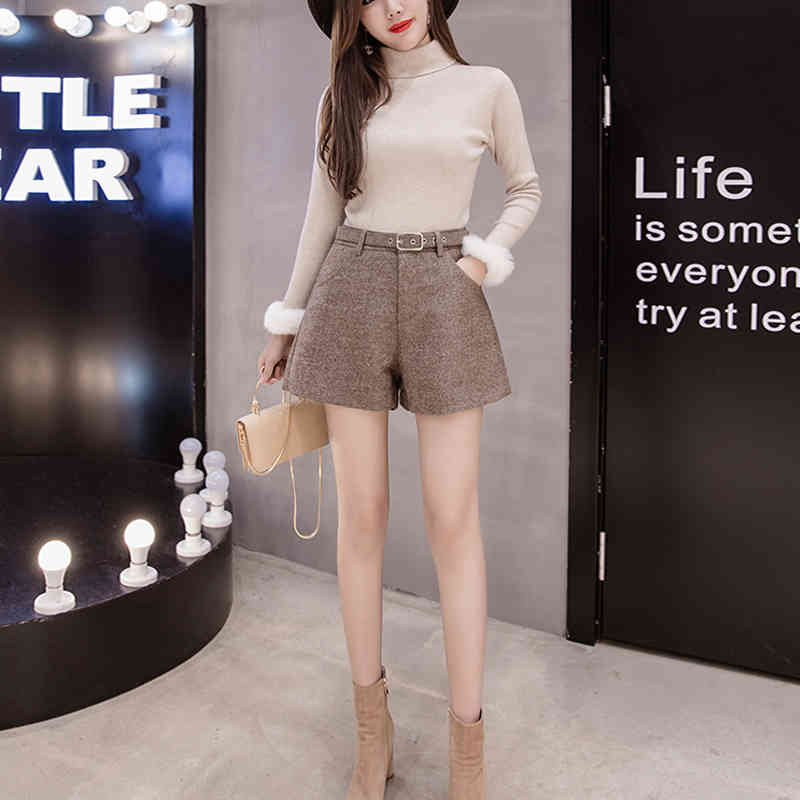 Fashion Winter Short Pants Women High Waist Solid Woolen Female s Casual Wide Leg Femme 7789 50 210508