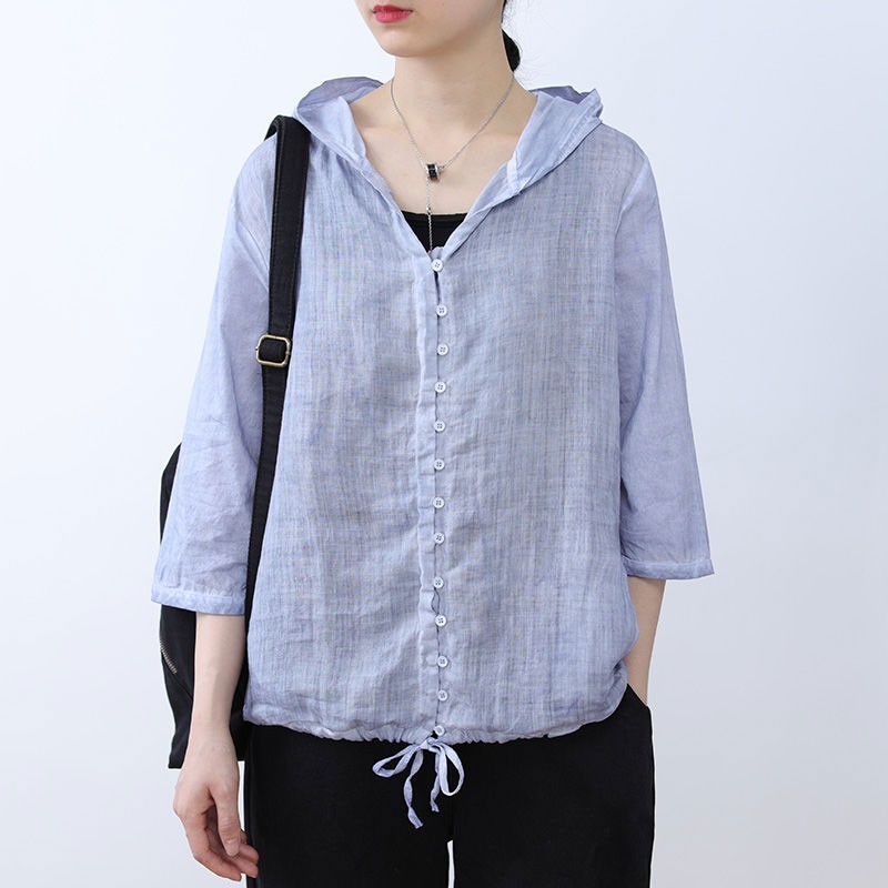 Summer Arts Style Women 3/4 Sleeve Thin Loose Short Jackets Coats All-matched Casual Hooded Linen Coat M254 210512