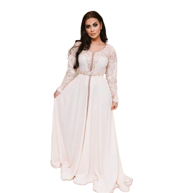 Elegant Moroccan Kaftan Arabic Evening Dresses Traditional Attire Ivory Satin A Line Formal Occasion Gowns Gold Appliques Beaded Long Sleeve Caftan Pr