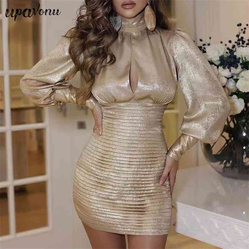 Free Autumn Women's Dresses Gold Sexy High Neck Lantern Sleeve Bodycon Halter Lace-Up Dress Club Party 210524