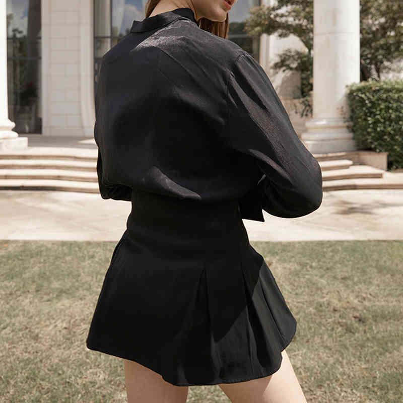 VGH Black Harajuku Solid Dress For Women Color Lapel Collar Long Sleeve High Waist Dresses Female Spring New Clothing 210421