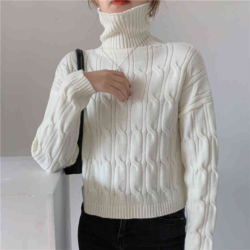 Autumn Winter OL Outwear Vintage Turtleneck Twist Sweater Women Short Tops Elegant Long Sleeve Knitted Sweaters 210421