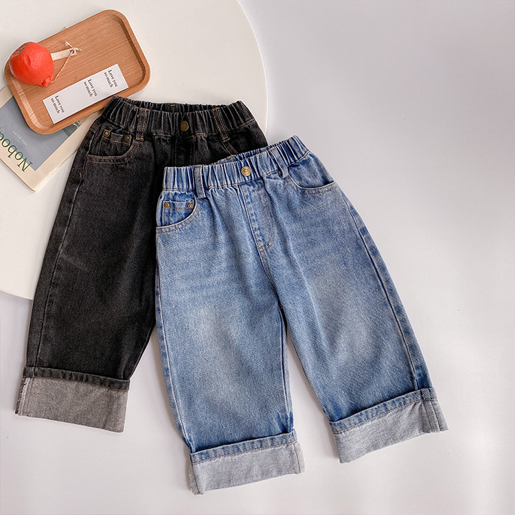 Autumn boys girls loose straight jeans 1-7 years children fashion wide leg Hem denim pants 210508