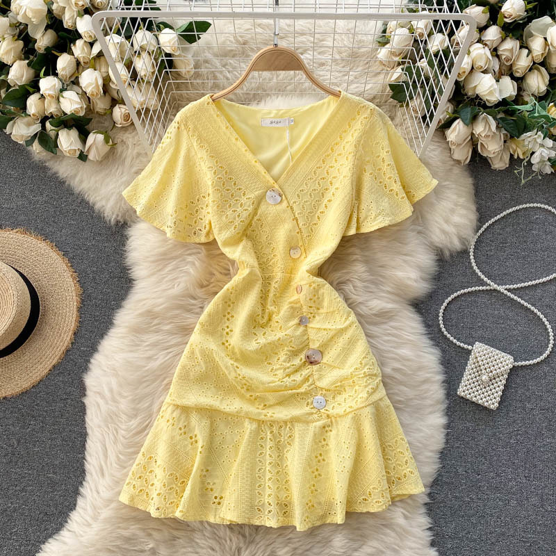 LFL Summer Casual Chic Streetwear Mini Dress Women Hollow Ruffles Dress Korean V Neck Short Sleeve Button A-line Dresses 210521