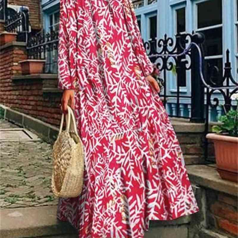 Women Dress Long Sleeve Print Dresses Plus Size Vintage Flowers Red White Blue Black Clothes 210513