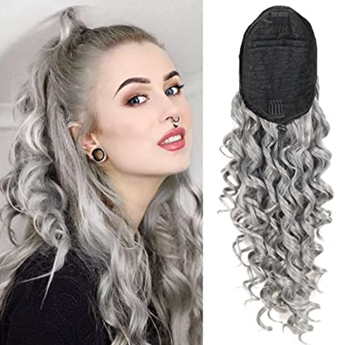 Drawstring Ponytail grey natural wavy Curly Pony tail for Black Women, short gray Puff Ponytails Extensions Jerry Curls real Hair with 2 Combs and Ela