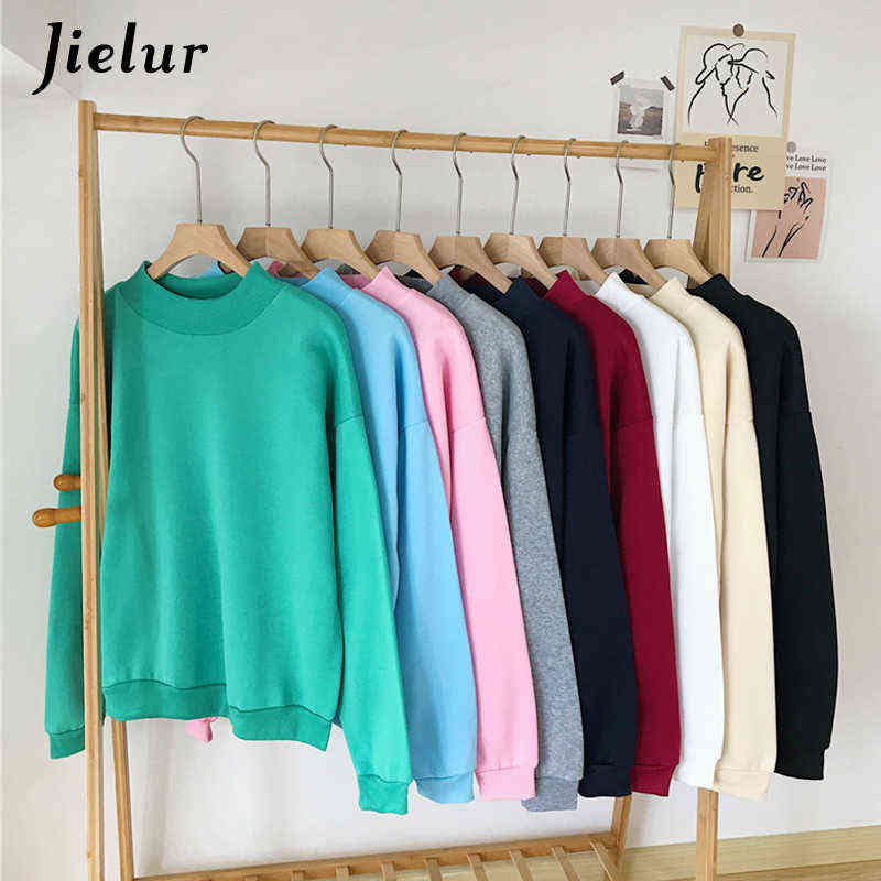 Jielur 9 Colors Pink Green O-neck Hoodies Women Winter Autumn Pullover Sweatshirt Female Pure Color Loose Tracksuit M-XXL 211109