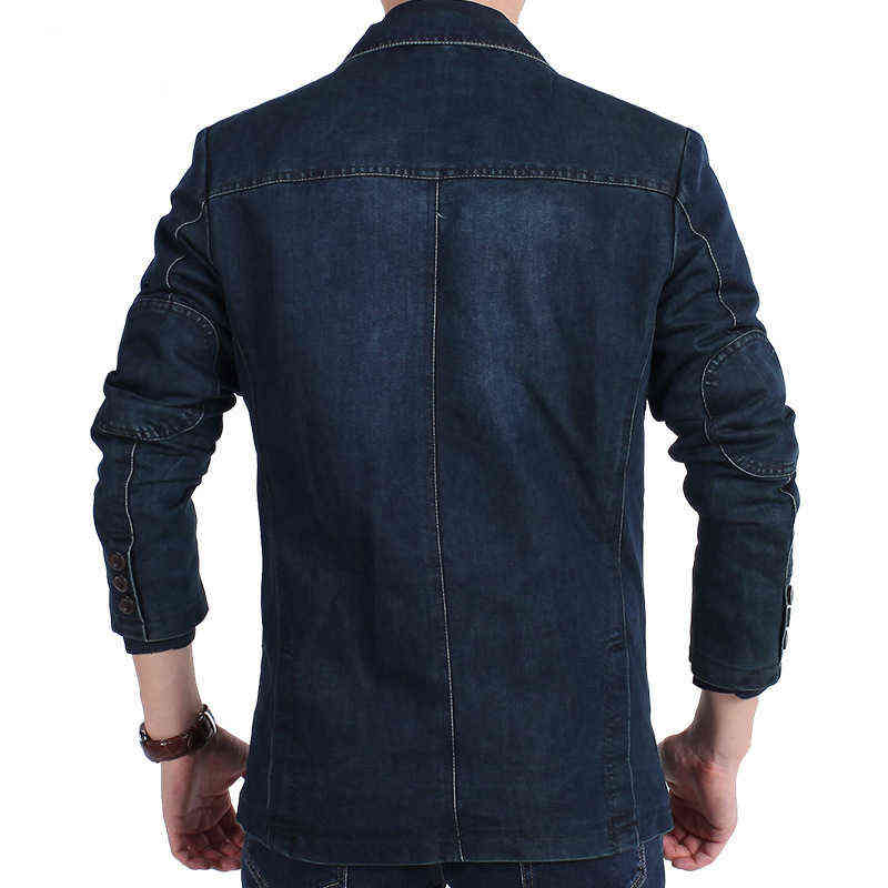 Blue Denim Men's Blazer Jacket Notched Collar Distressed Jeans Blazers Men Single Breasted Slim Fit Cowboy Blazer Masculino 4XL 211111