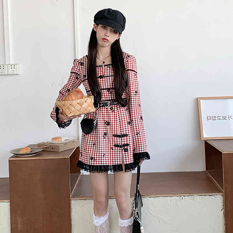 Sweet Rose Printed Dress Women's Spring Square Collor Slim Plaid Spliced Lace Split Mini Dresses Female 5C23 210427