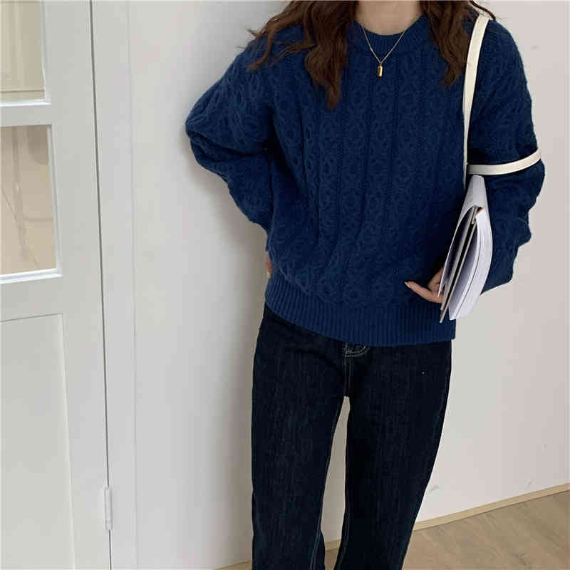 Autumn Winter Bottoming Tops Elegant Solid Twisted Sweater OL Pullovers Loose Warm Knitted Sweaters Woman Clothes 210421