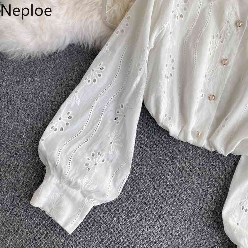 Neploe Chic Blouses Women Heavy Hollow Out Embroidery Shirts Lantern Sleeve Sweet White Blouse Korean Blusas Mujer De Moda 210422