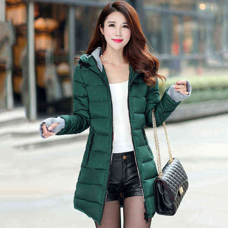 Women Winter Hooded Warm Coat Solid Cotton Padded Jacket Female Long Parka with Gloves Women's Chaqueta De Mujer Acolchada 211130